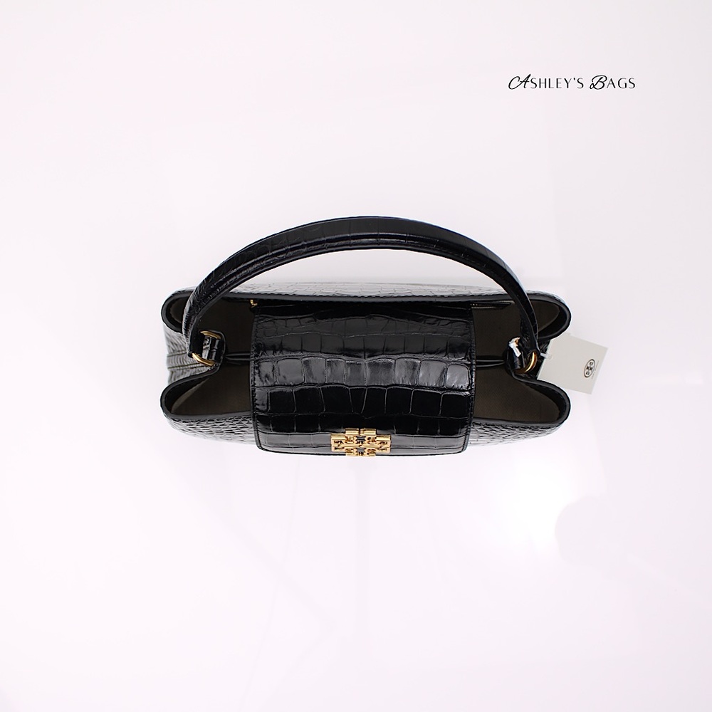 Tory Burch Britten Croc Embossed Small Satchel Crossbody In Black - Picture 8 of 12